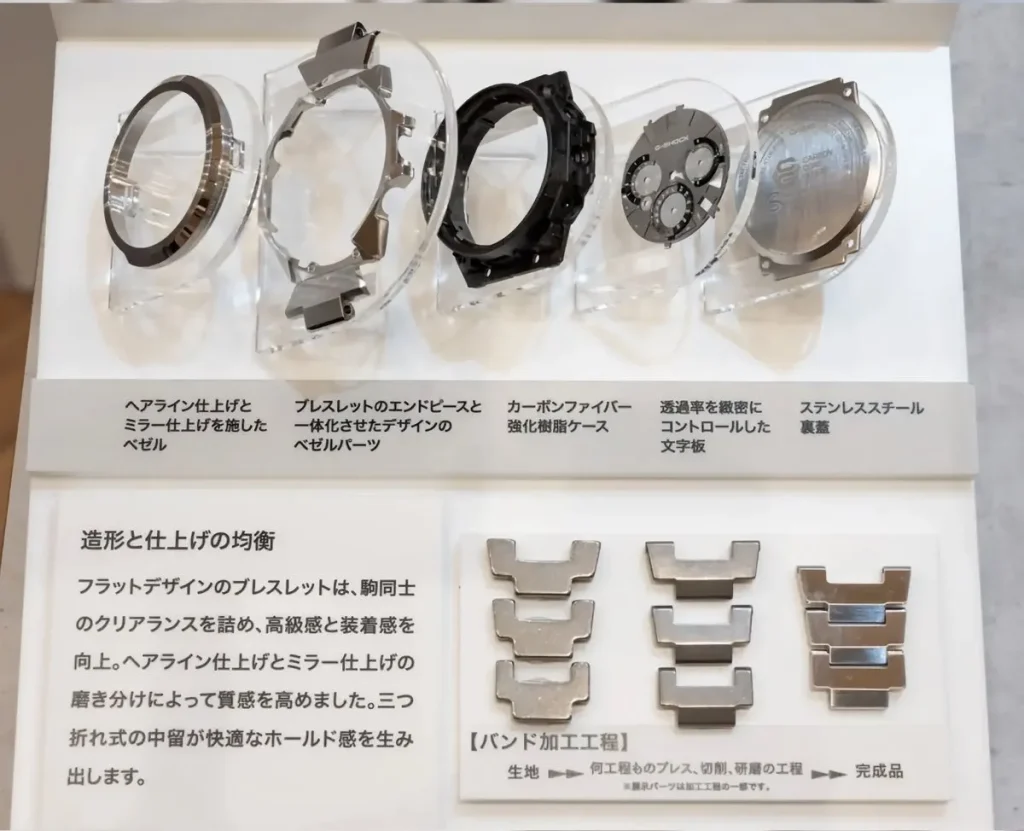 Casio G-Shock GST-W1000 series watch displayed in disassembled form, showing the stainless steel bezel, bracelet, carbon-fiber case, dial, and stainless steel caseback.