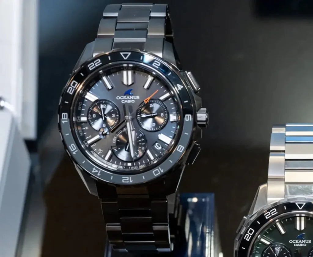 Casio Oceanus OCW-P3000 black watch shown from the front with its DLC-coated case, black dial, and 24-hour bezel.