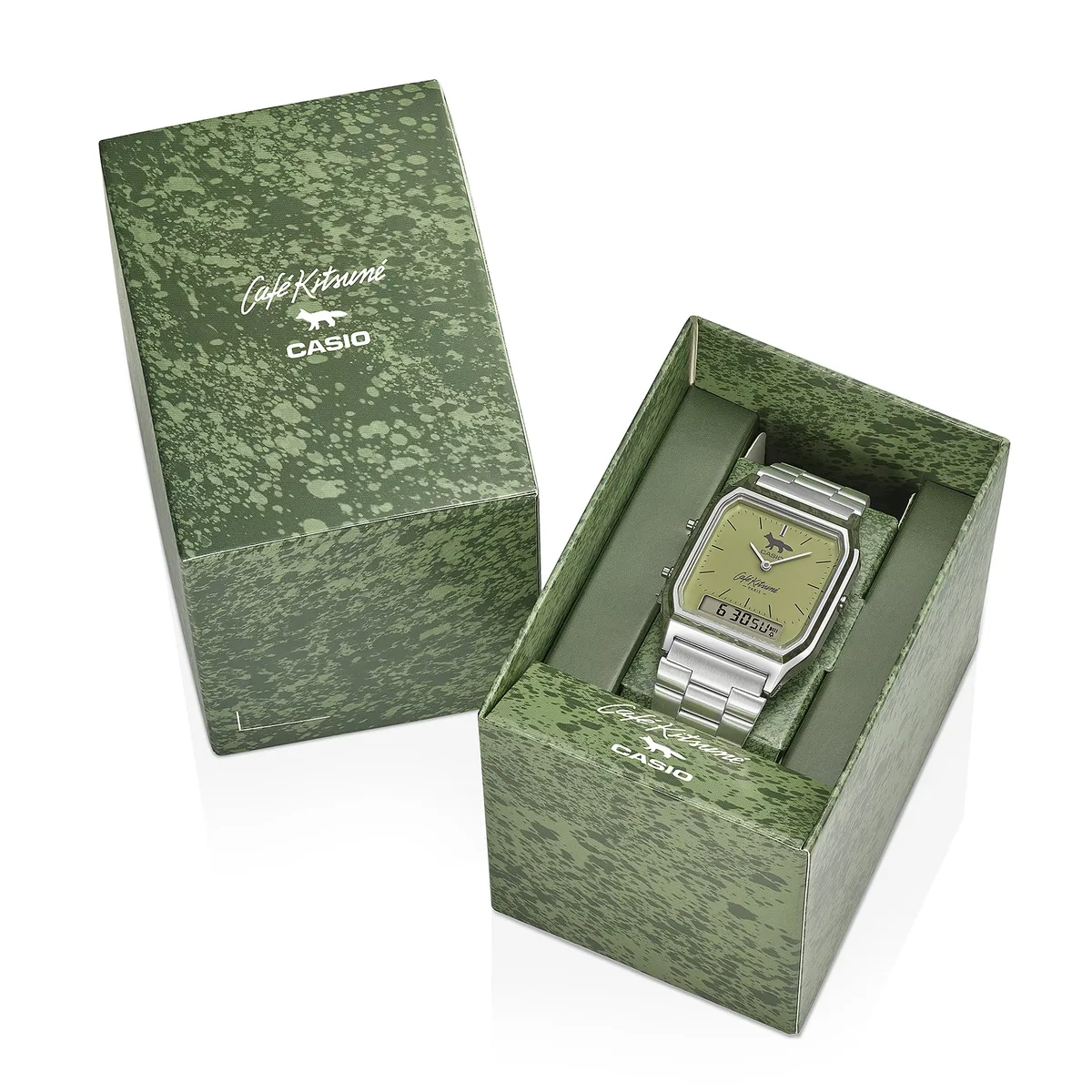casio x café kitsuné — Casio AQ-230ECK-3A Cafe Kitsune comes in a special box featuring a dappled green pattern.