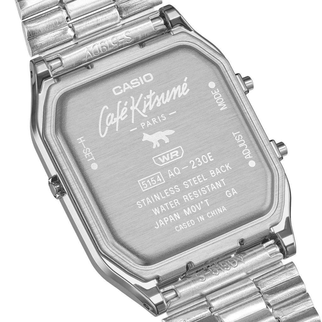 Casio AQ-230ECK-3A case back with a fox logo and Café Kitsuné branding.