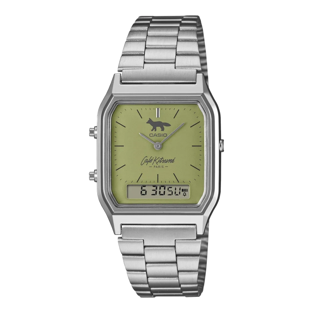 casio x café kitsuné — Casio AQ-230ECK-3A with a matcha green dial.