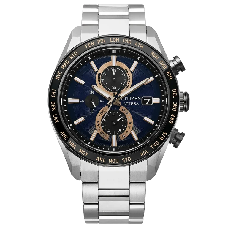 Citizen Attesa chronograph with a dark navy dial, rose-gold-colored accents, black world-time bezel, and Super Titanium bracelet