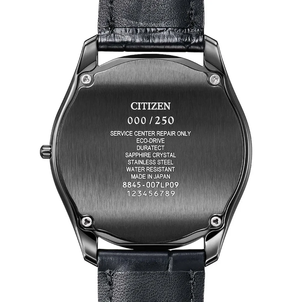 Rear view of the Citizen Eco-Drive One AQ5025-04N showing its brushed black caseback, limited-edition numbering, and engraved specifications.