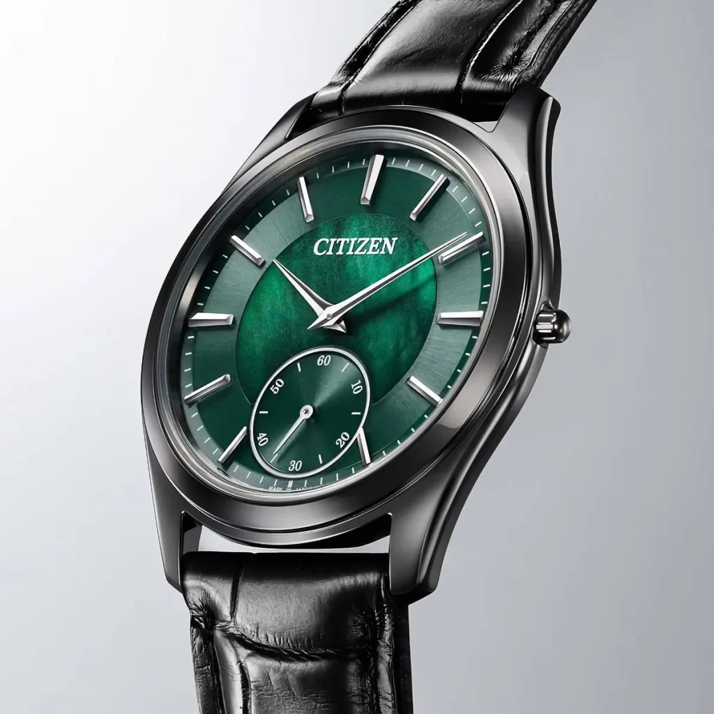 Citizen Eco-Drive — Side view highlighting the watch’s exceptionally thin 4.5mm case and black leather strap.