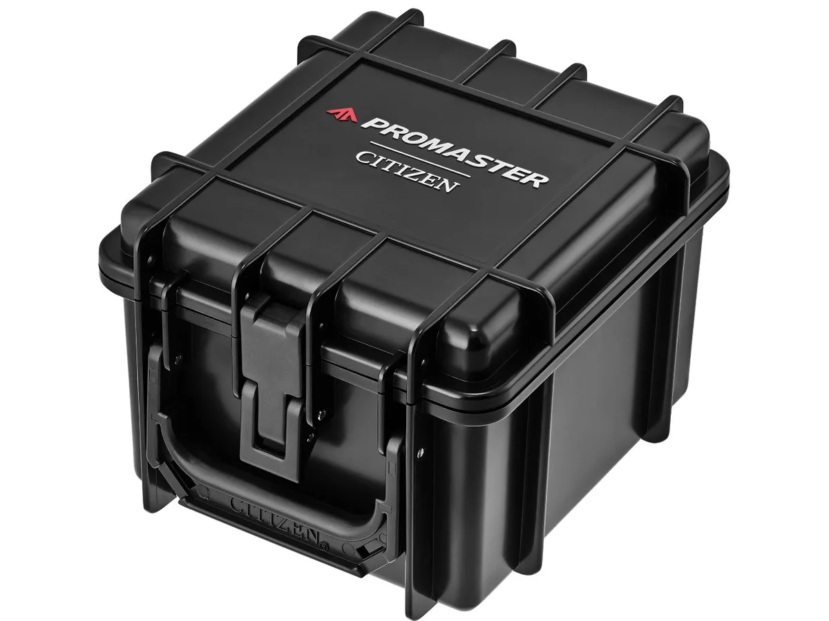The watch comes in a custom black Promaster tackle-box-style package.
