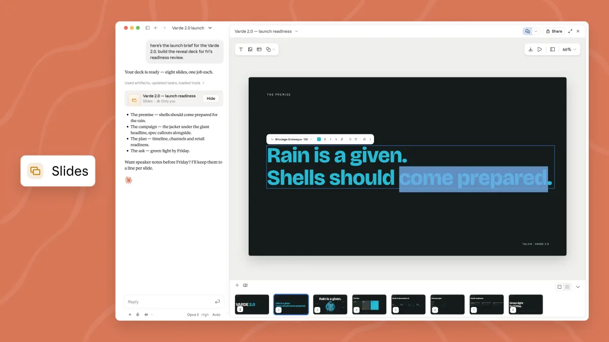 claude puede crear documentos — A screenshot of Claude Slides with an orange background
