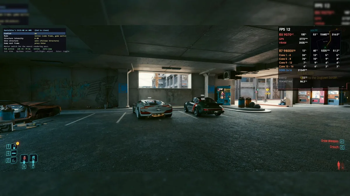 In'Cyberpunk 2077,' two cars are parked in a dimly lit garage, with an on-screen display showing'FPS 12,''RX 9070XT' and'R7 9800X3D,' indicating GPU and CPU stats.