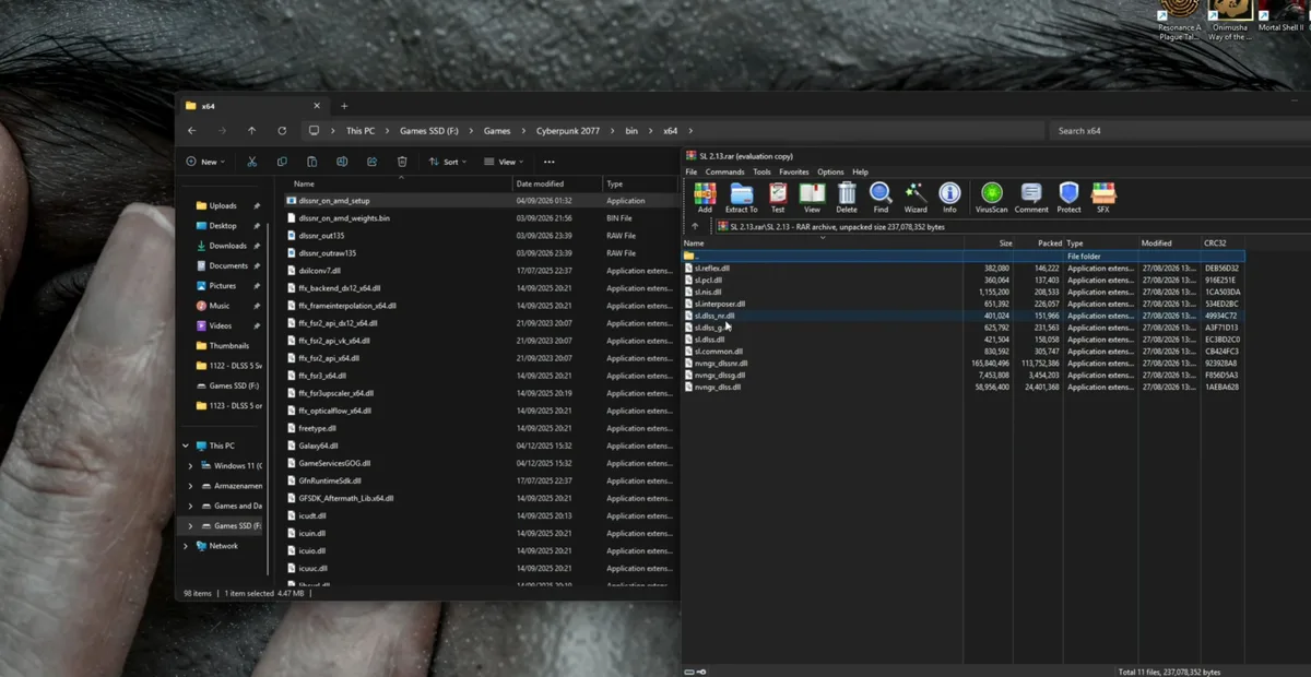 A file explorer window showing the directory path'This PC> Games SSD (F:) > Games > Cyberpunk 2077 > bin > x64′ with various .dll and .bin files listed alongside a RAR archive named ‘SL 2.13.rar’ on the right.»></figure></div><p class=