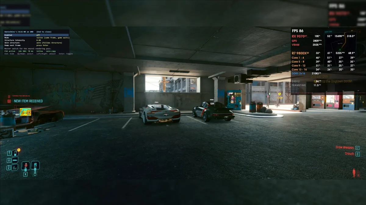 In-game screenshot of'Cyberpunk 2077' featuring two cars in a parking lot with an overlay showing performance metrics such as'FPS 86' and hardware details including'RX 7900 XT' and'R7 9800X3D'.