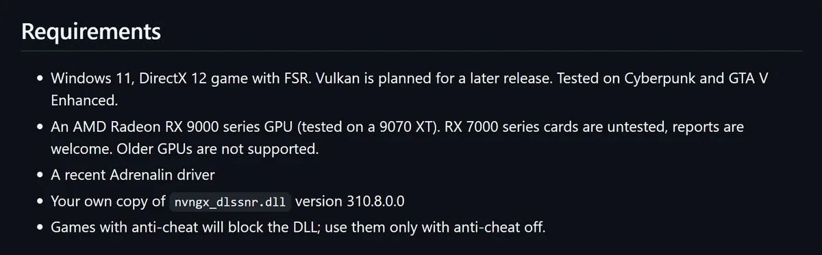 DLSS 5 — A list titled'Requirements' specifies using Windows 11, DirectX 12 with FSR, AMD Radeon RX 9000 series GPU tested on a 9070 XT, a recent Adrenalin driver, and the'nvngx_dlssnr.dll' version 310.8.0.0, warning that games with anti-cheat will block the DLL.