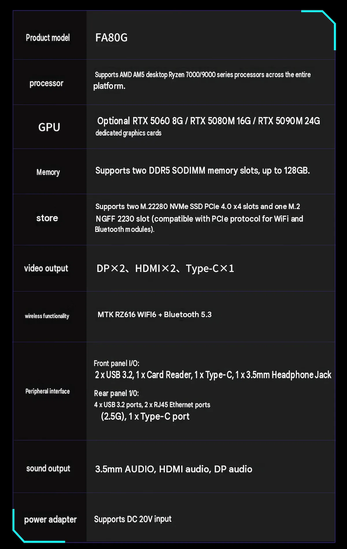 FEVM FA80G especificaciones — Complete specs of the FA80G (machine translated)