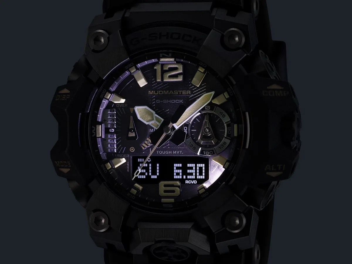 Built-in Super Illuminator LEDs highlighting the watch dial in a dark setting.