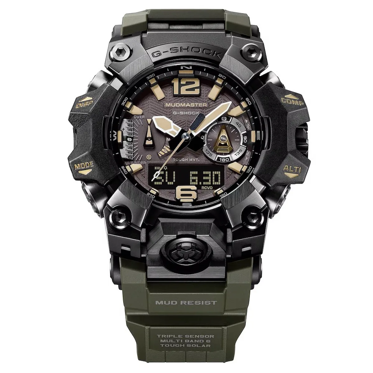 g shock mudmaster bluetooth — Close-up of the G-Shock Mudmaster GWG-B1000-1A3 dial showing tan hour markers, luminous hands, a digital display, and compass markings.
