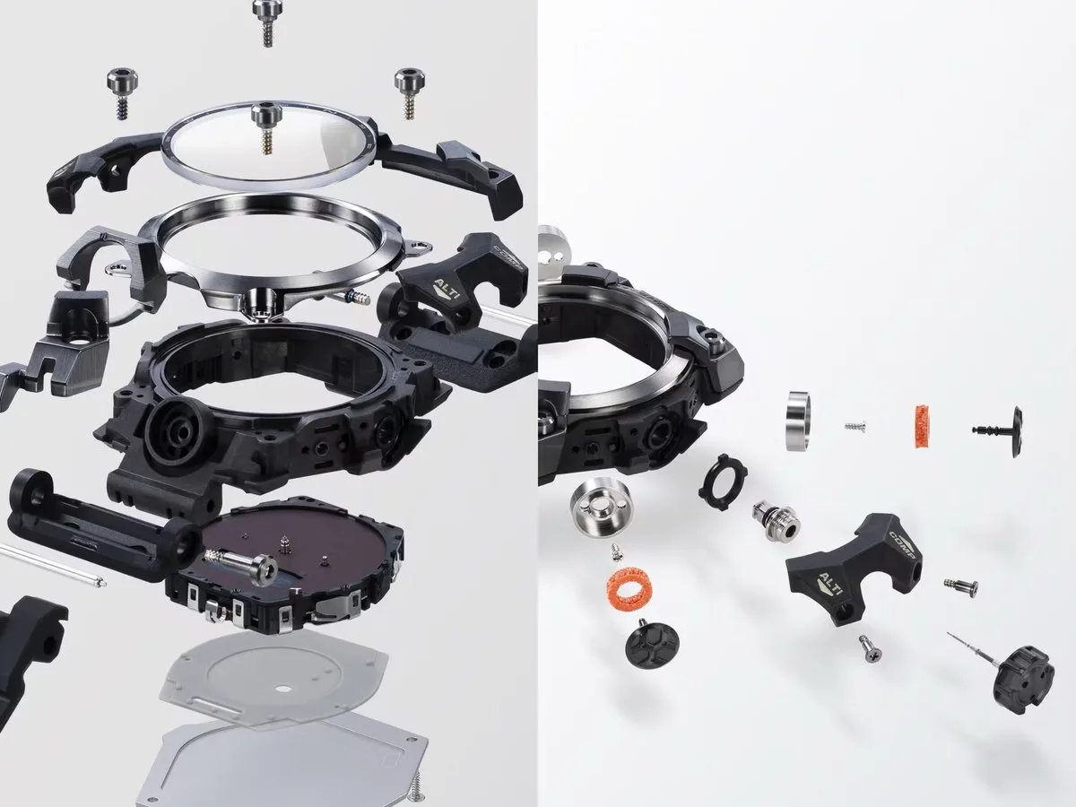 Exploded view of the Casio G-Shock Mudmaster GWG-B1000 showing the watch’s disassembled bezel, case, module, buttons, crown, gaskets, screws, and other components.