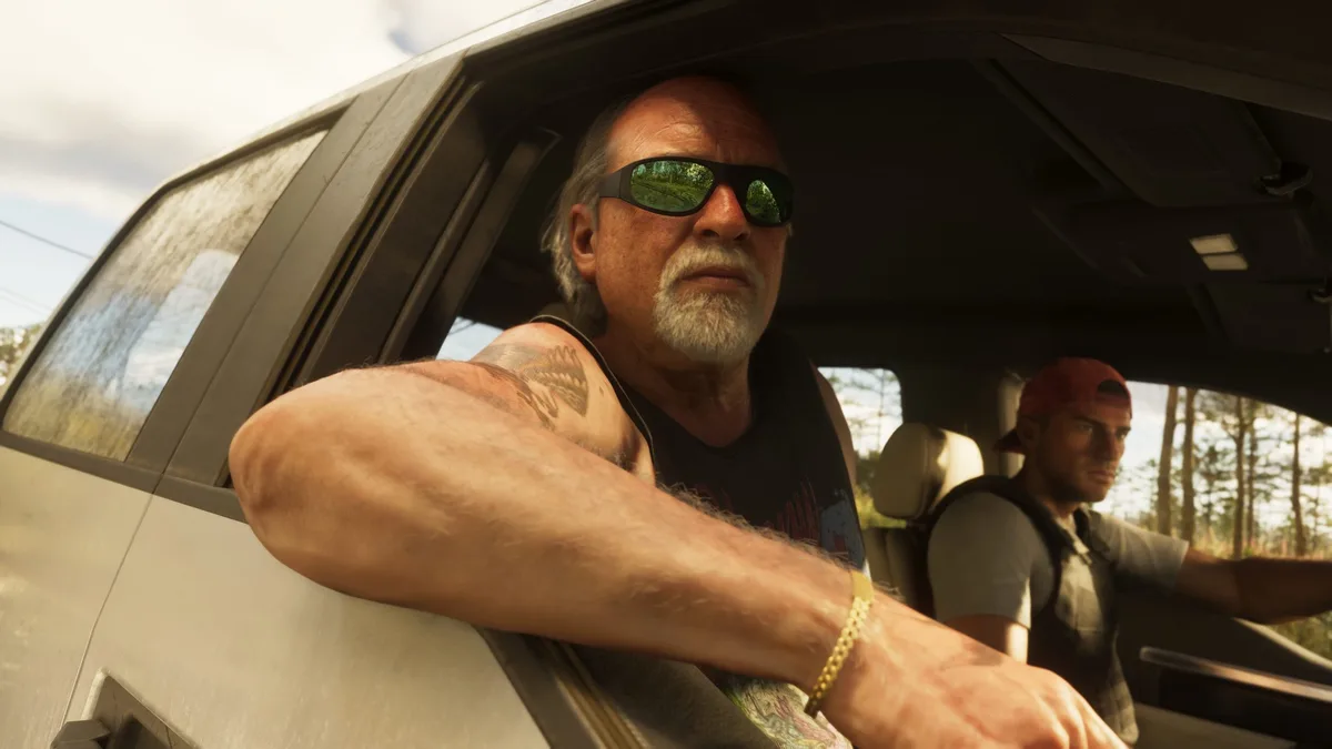 grand theft auto 6 — Two characters in'GTA 6' are sitting inside a vehicle with one looking out the window.