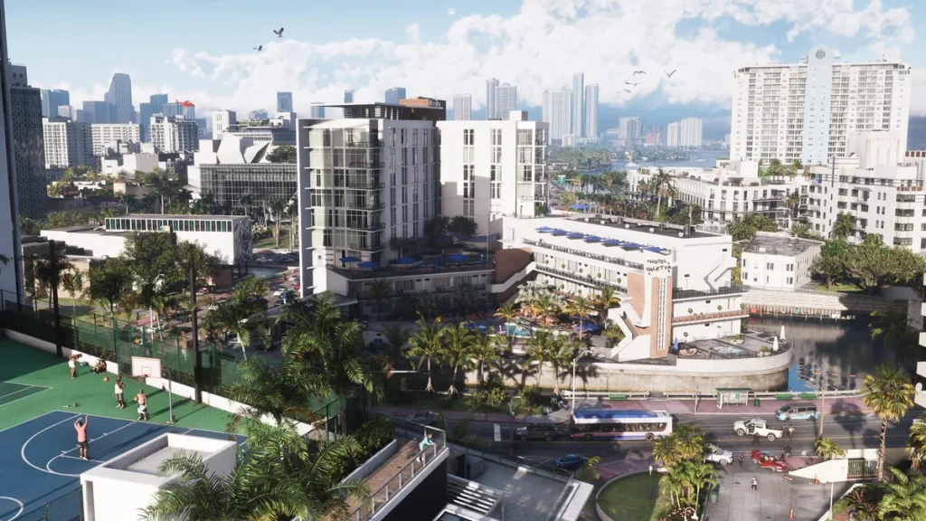 A detailed urban scene from the video game Grand Theft Auto VI, featuring a hotel labeled 'Hotel Valetta,' a basketball court with players, and a bustling cityscape in the background.