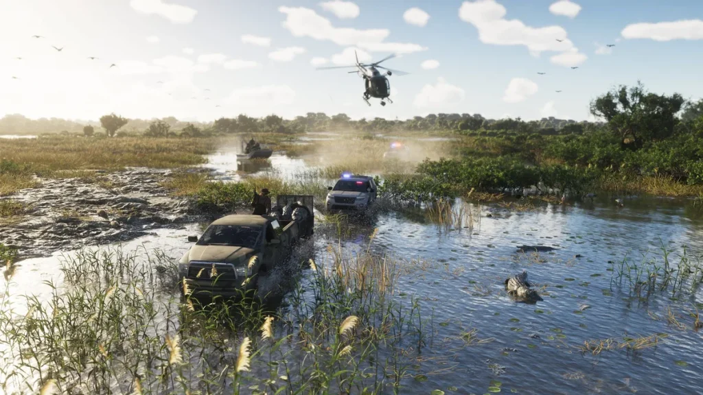 Gameplay scene from the video game Call of Duty: Modern Warfare 3 showing an off-road vehicle, a police SUV with flashing lights, a helicopter, and a boat navigating through a swamp.