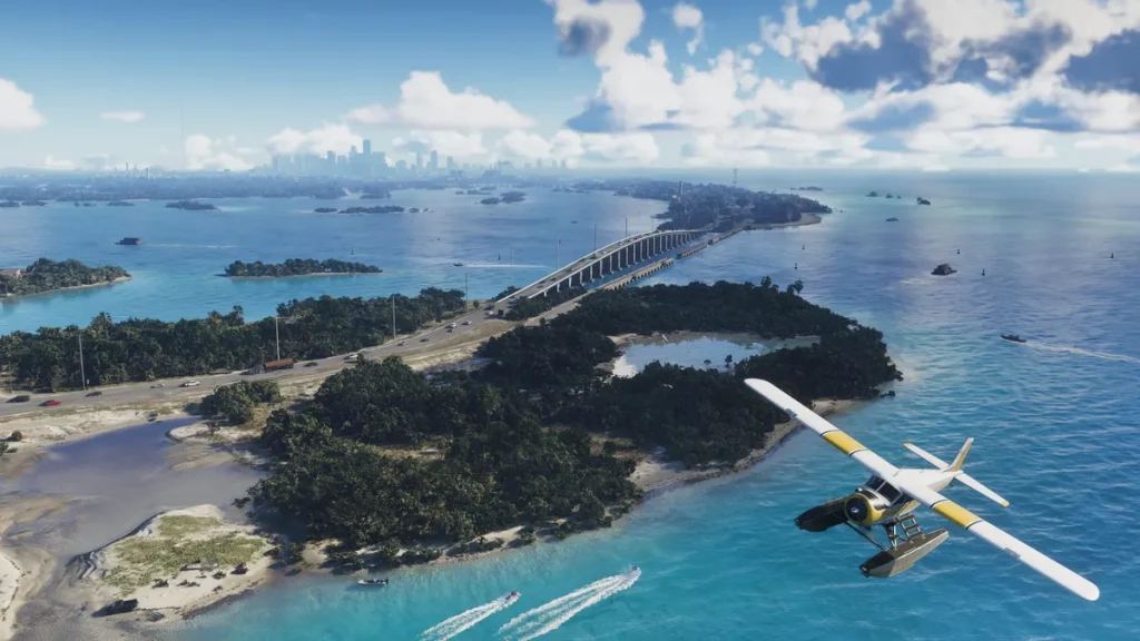 A seaplane flies over a coastal bridge and islands in a scene from 'GTA 6.'