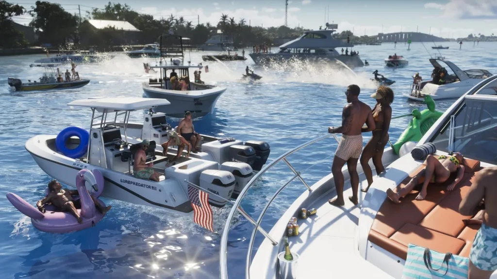 A vibrant waterside scene from the game 'GTA 6' shows multiple boats with people relaxing and enjoying the sun, including a boat labeled 'Lure Predator' and another brand 'Whirlwind' in the distance.