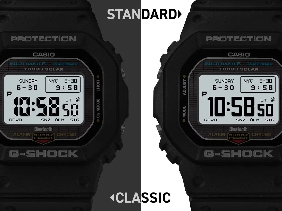 GW-BX5600 precio especificaciones — Close-up comparison of the GW-BX5600’s two MIP display styles, showing the Standard font on the right and the Classic 7-segment-style font on the left.
