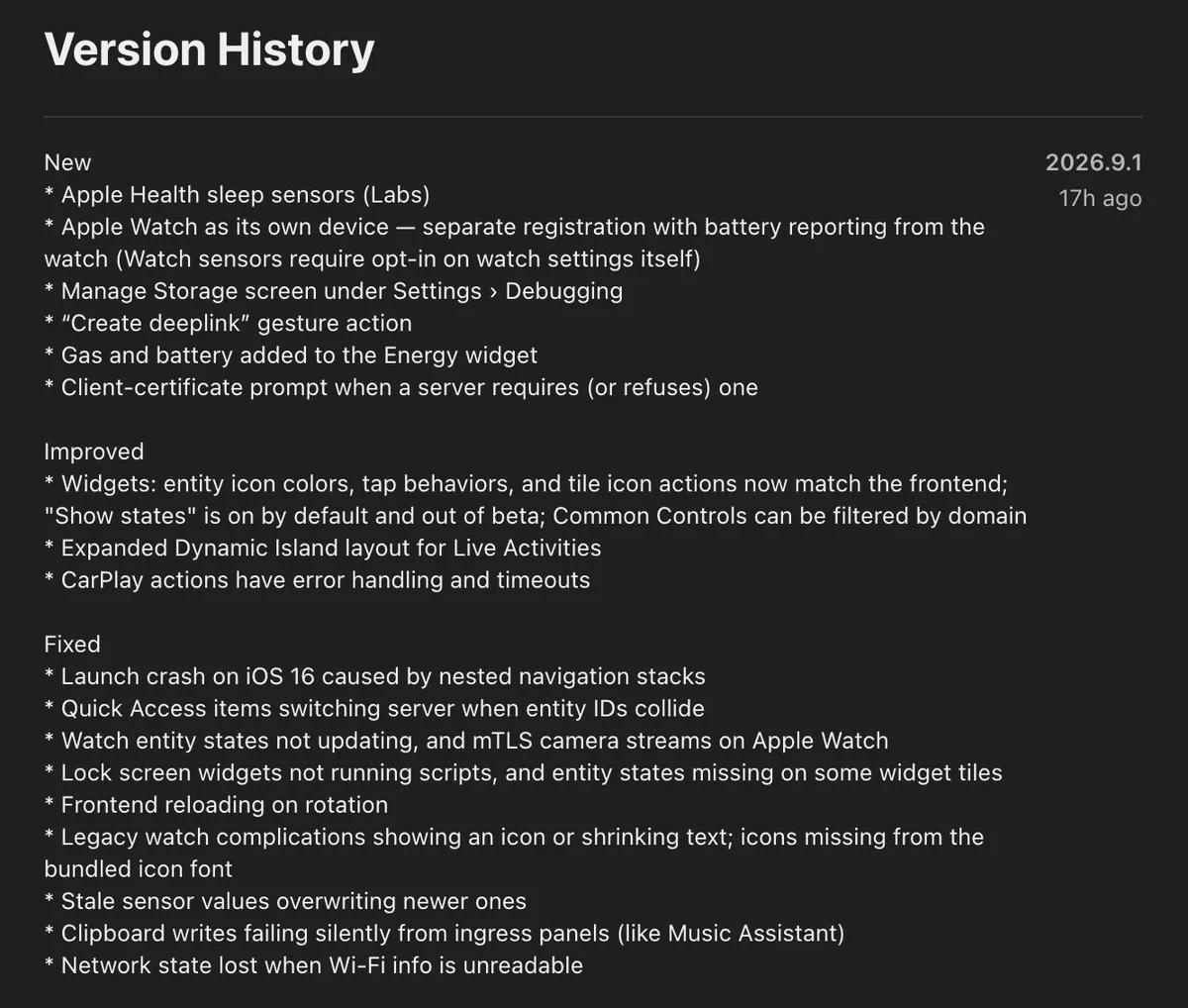 Home Assistant versión 2026.9.1 — The changelog for Home Assistant app version 2026.9.1 for iOS