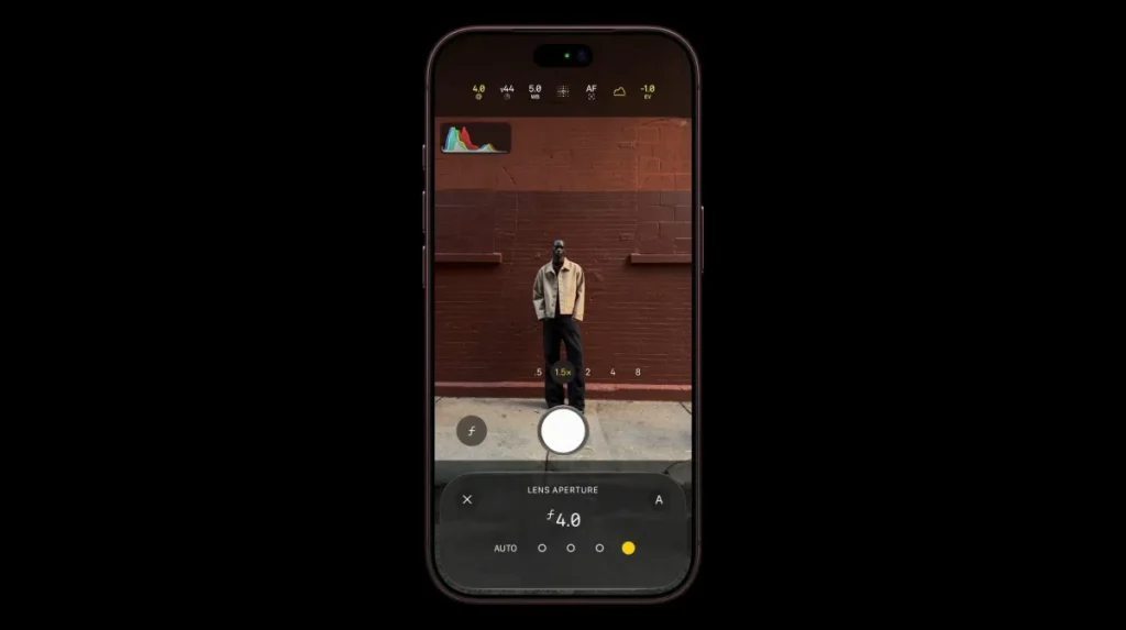 Selecting aperture in the iPhone Camera app.