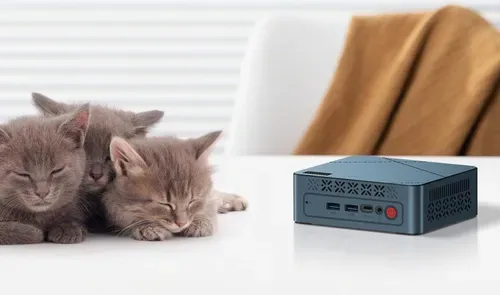 mini pc ryzen 5 — Tres gatitos grises durmiendo junto a un mini PC Bosgame E2 Air sobre una mesa blanca.