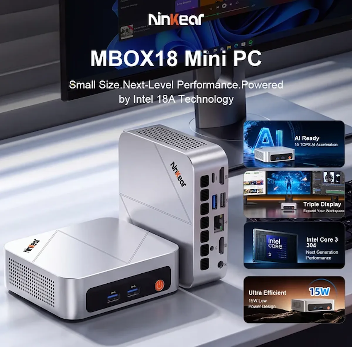 Ninkear MBOX18 triple pantalla — Ninkear MBOX18: Intel 18A, IA local y tres pantallas en 478 gramos