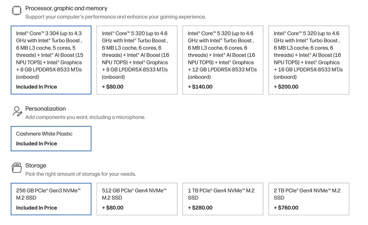 A customization interface showing processor options including the Intel Core 3 304 and Intel Core 5 320, alongside storage options like 256 GB PCIe Gen3 NVMe M.2 SSD, and design customization as'Cashmere White Plastic.'