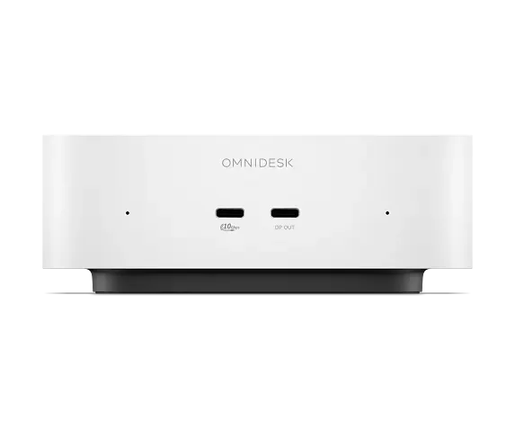 OmniDesk competidor Mac mini — A white Omnidesk docking station with two front USB-C ports labeled'40Gbps' and'DP OUT'.