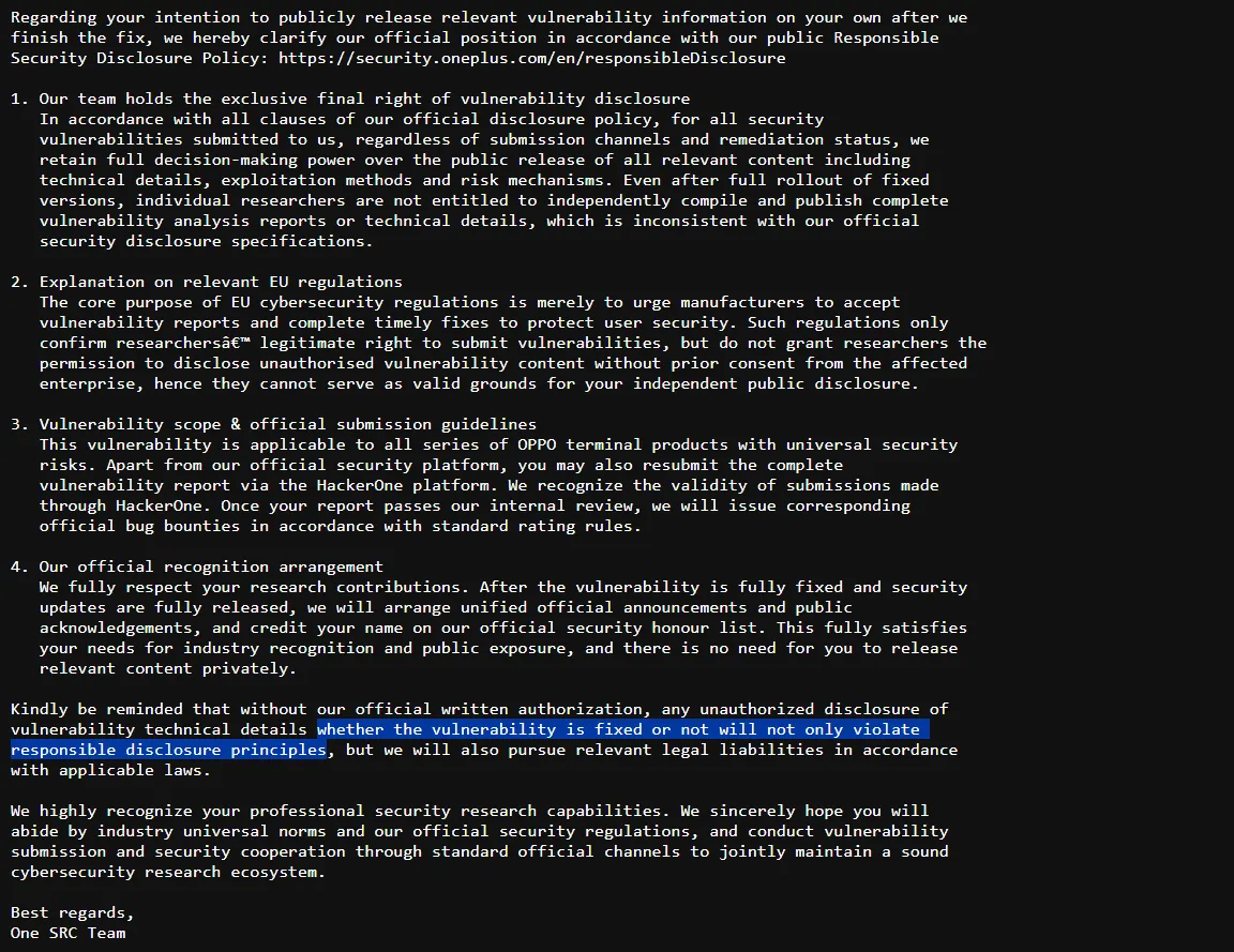 oneplus 15 — OnePlus threatens security researcher with legal actions if the vulnerability is disclosed even after flaw is fixed