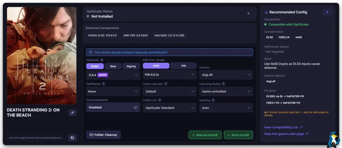 optiscaler fsr 4 — OptiScaler Client 1.0.7 on Fedora KDE 44 - Death Stranding 2 game configuration