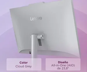 Vista trasera del ordenador todo en uno Lenovo A105 AIO en color Cloud Grey de 23,8 pulgadas.