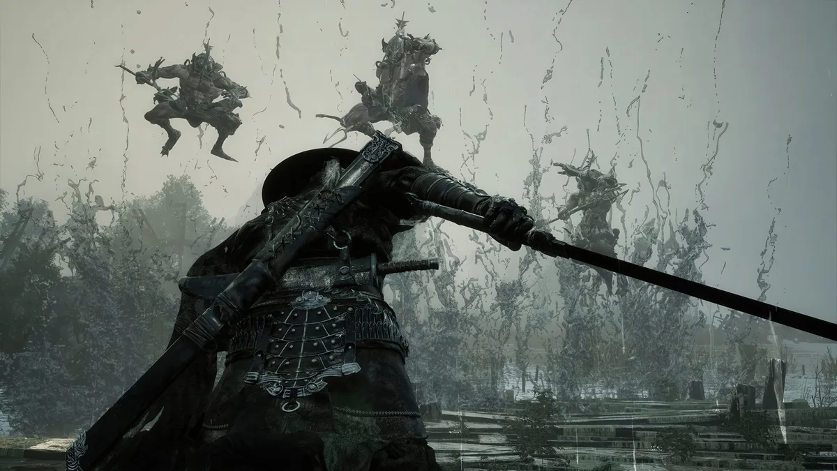 phantom blade zero lanzamiento — A character in Phantom Blade Zero engages in combat, wielding a sword against looming mythical creatures amidst a stormy backdrop.