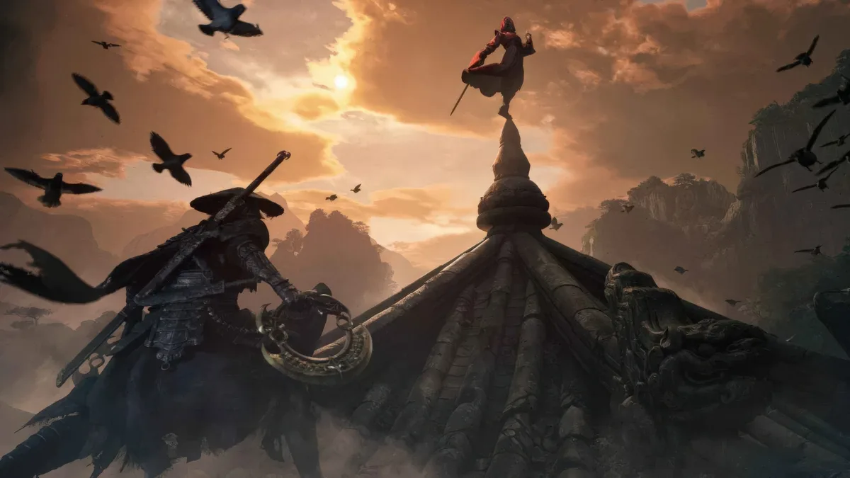 A character from the game Phantom Blade Zero is standing on a rooftop with birds flying around in a mountainous landscape at sunset.