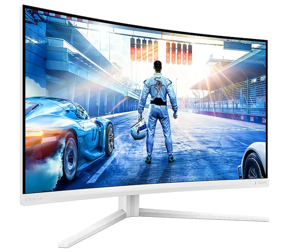 philips evnia 32m2c5501 — Monitor curvo Philips Evnia en color blanco mostrando un videojuego de carreras.