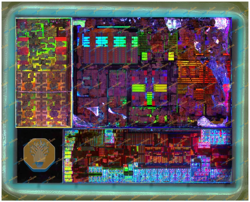 procesor intel 18a — A full-package die shot of a Panther Lake processor. The design combines separate compute, graphics and I/O tiles.