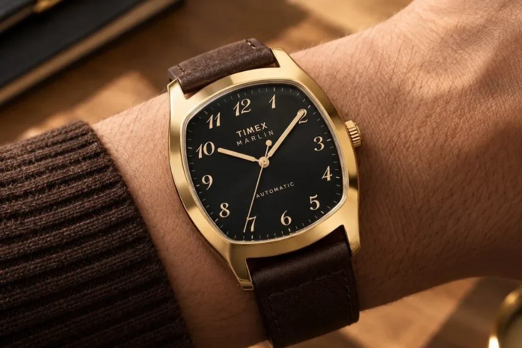 Timex viste su Marlin automático con una esfera negra vintage reloj timex marlin — Timex viste su Marlin automático con una esfera negra vintage