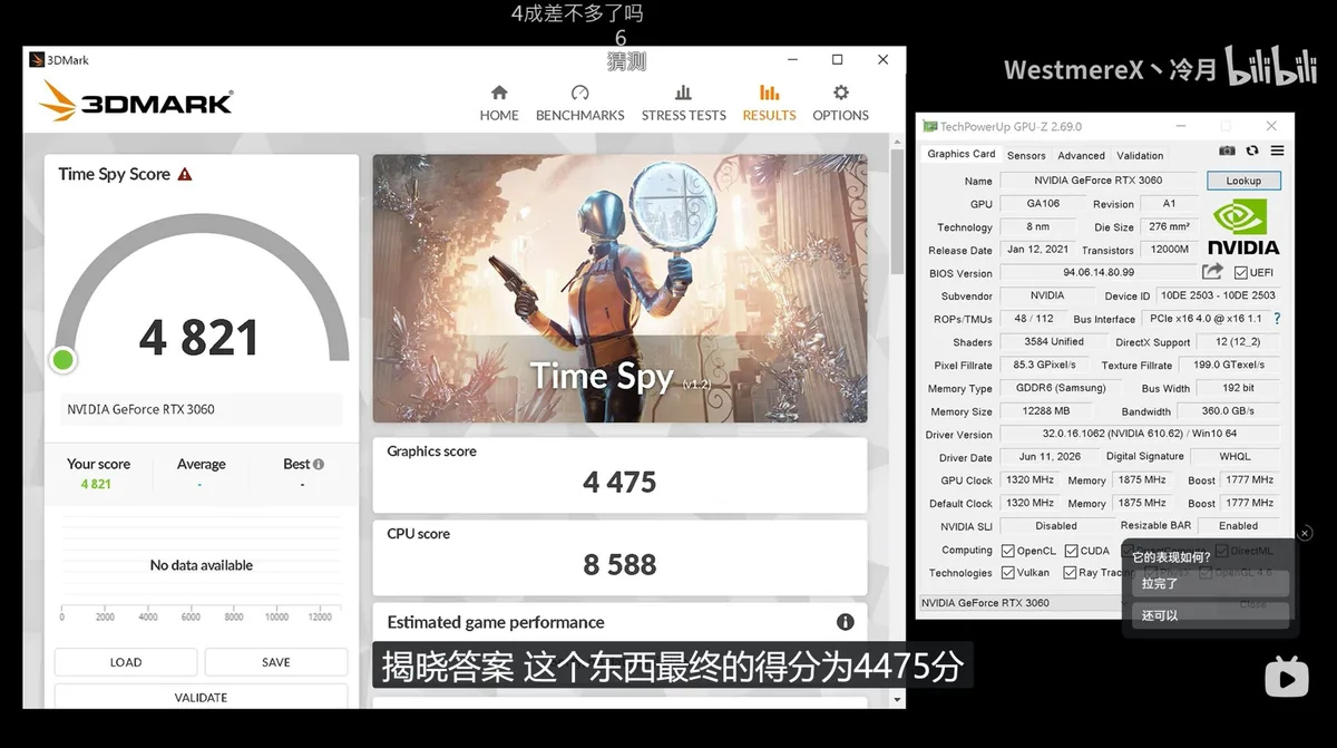 A screenshot displays a 3DMark'Time Spy' benchmark score of 4821 for an NVIDIA GeForce RTX 3060, with a detailed specification window from TechPowerUp GPU-Z showing information like 8nm GA106 GPU and GDDR6 memory.