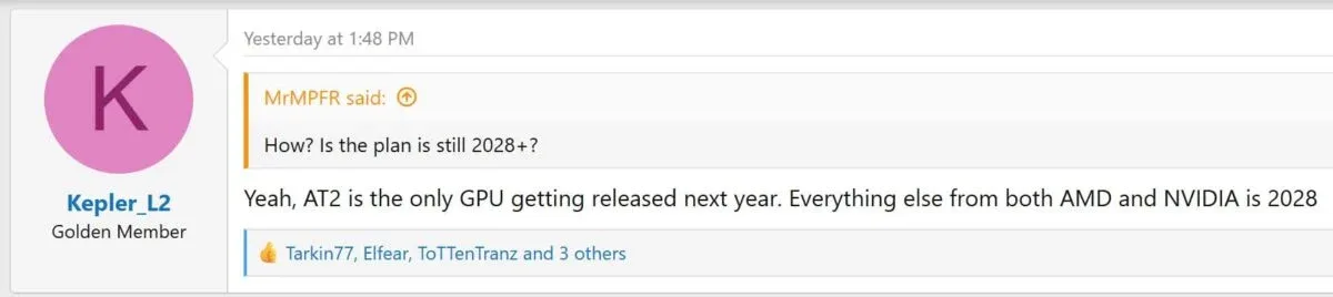 rtx 5000 super — Kepler_L2 says no new Nvidia AMD GPUs are coming in 2028 on the Anandtech forums.