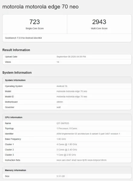 snapdragon 7s gen 3 — Motorola Edge 70 Neo Geekbench