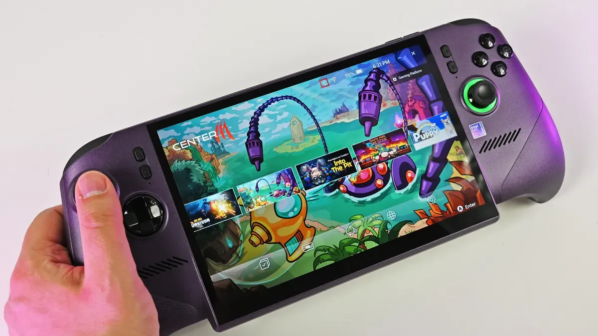 steam deck 2 precio — A person holds the metallic purple MSI Claw 8 EX AI+ handheld gaming PC, showcasing its large screen running the MSI Center M game launcher.