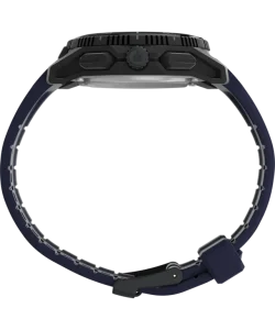 Side view of the black Timex Ironman Adrenaline showing its protected crown, pushers, and dark blue strap.
