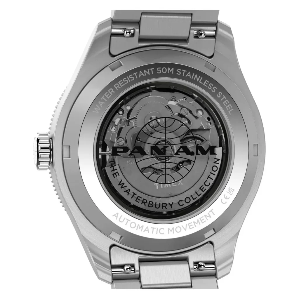 Timex Waterbury — Rear view of the Timex Pan Am Waterbury Automatic GMT watch showing its exhibition case back and automatic movement.