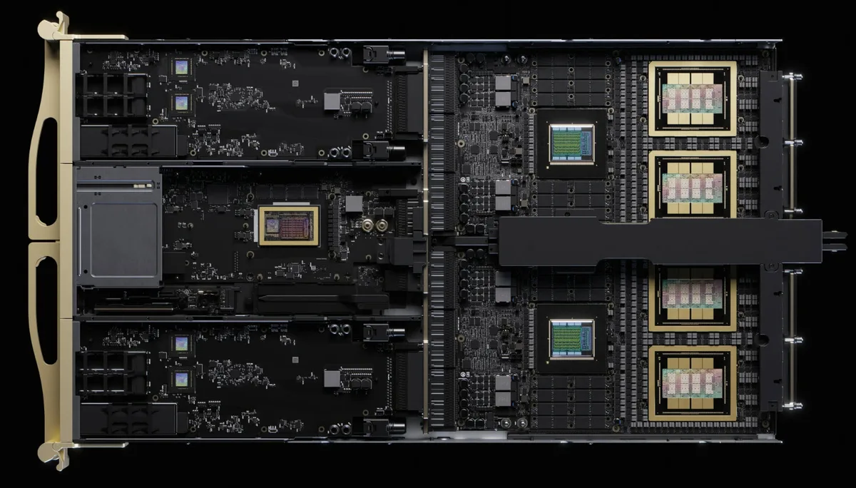 An interior view of the NVIDIA DGX GH200 supercomputer showcasing multiple interconnected GPU modules and circuit boards.