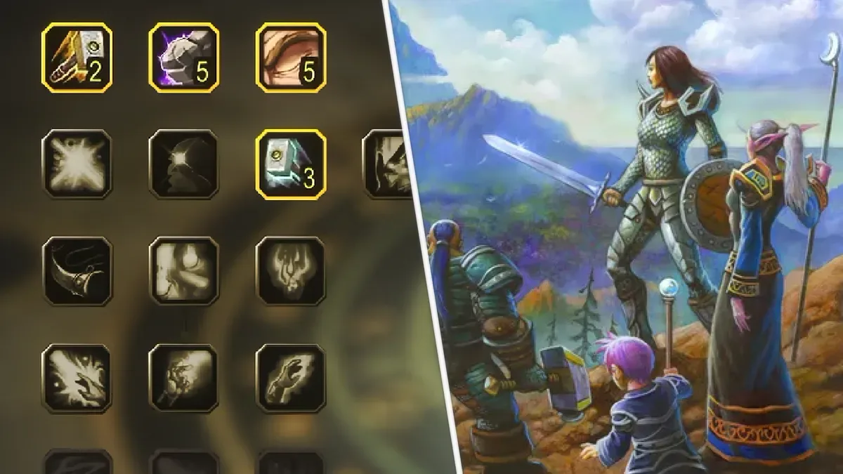 WoW Forever beta talentos — A split image: Left, showing new talent trees in WoW Forever. Right, showing the announcement key art, with several heroes standing atop a cliff.