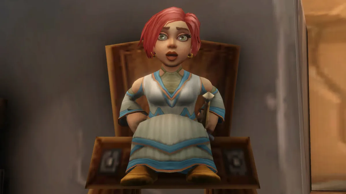WoW Forever — A screenshot of the World of Warcraft: Forever beta. A Gnome priest wearing white robes sits on a wooden chair with a surprised look on their face.