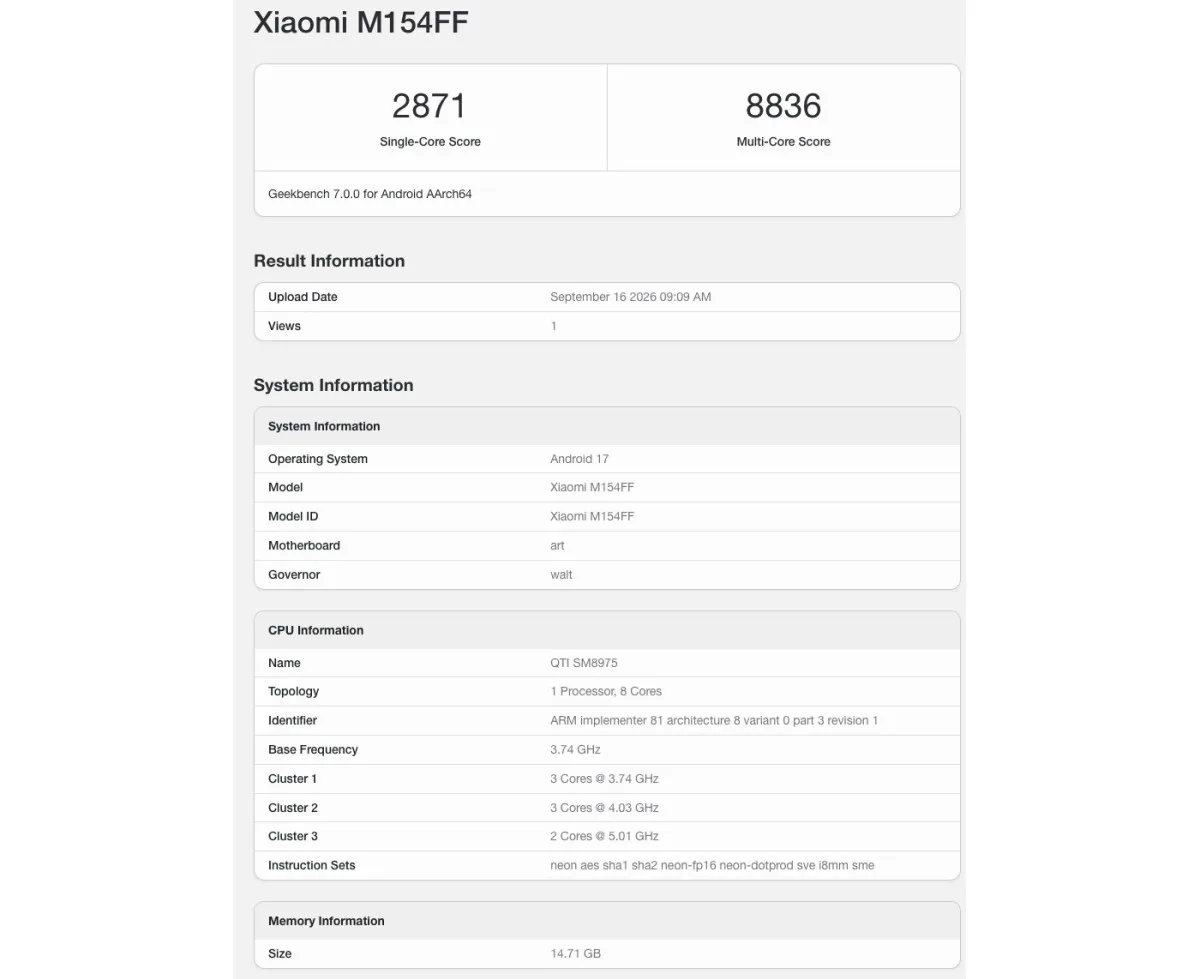 Xiaomi 18 Pro Geekbench — Xiaomi 18 Pro runs Geekbench confirming its chipset
