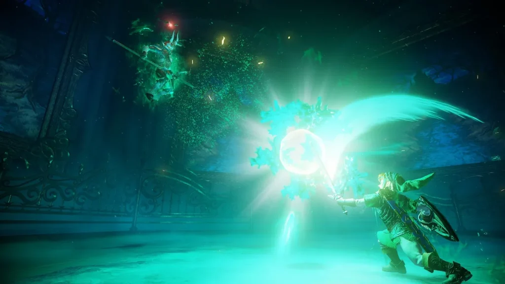 A character from the game The Legend of Zelda: Tears of the Kingdom wielding a glowing sword against a green spirit in a mystical setting.