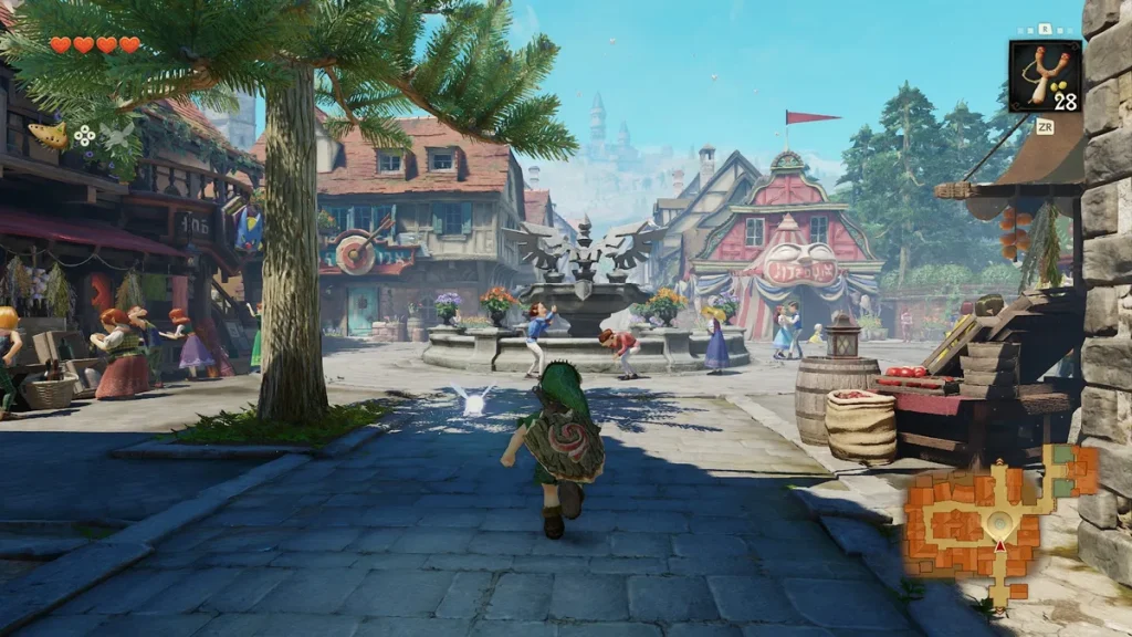 A character in a medieval village from a third-person video game, with a wooden shield on their back, approaches a fountain in a bustling town square; the interface shows hearts, an ocarina, and a map in the corner.